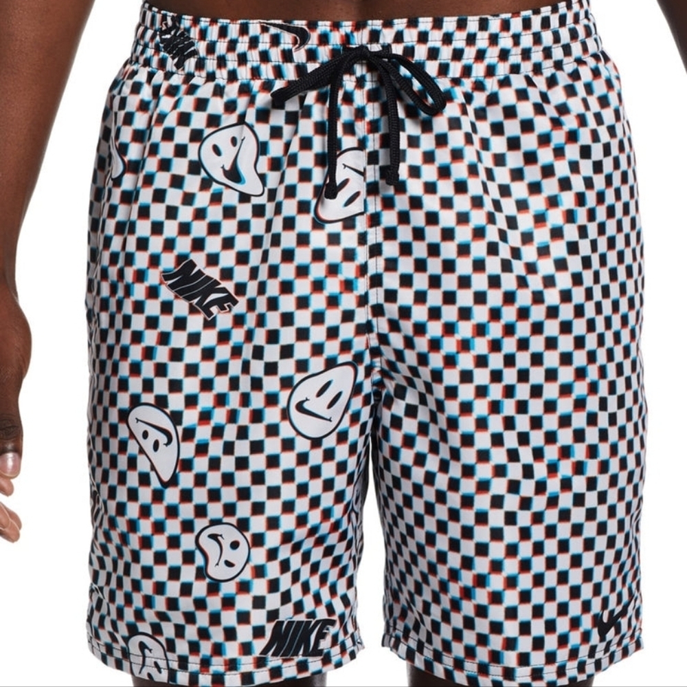 Nike Men's Graphic Checkered Swim Shorts - Black, White, and Blue